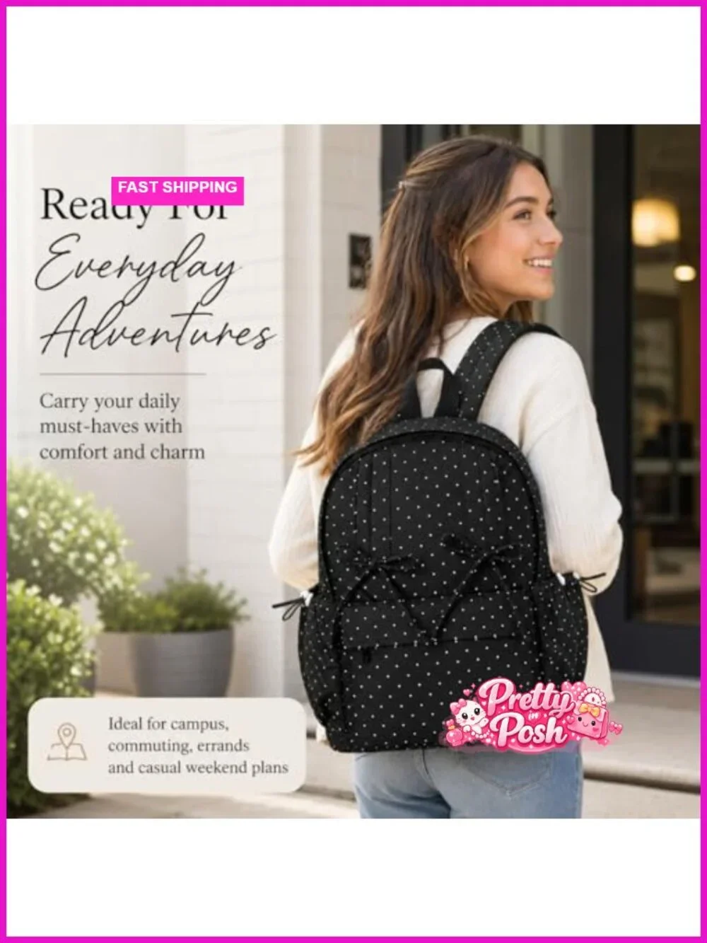 Nylon Polka Dot Backpack with Bow Detail for Women - Large Daypack